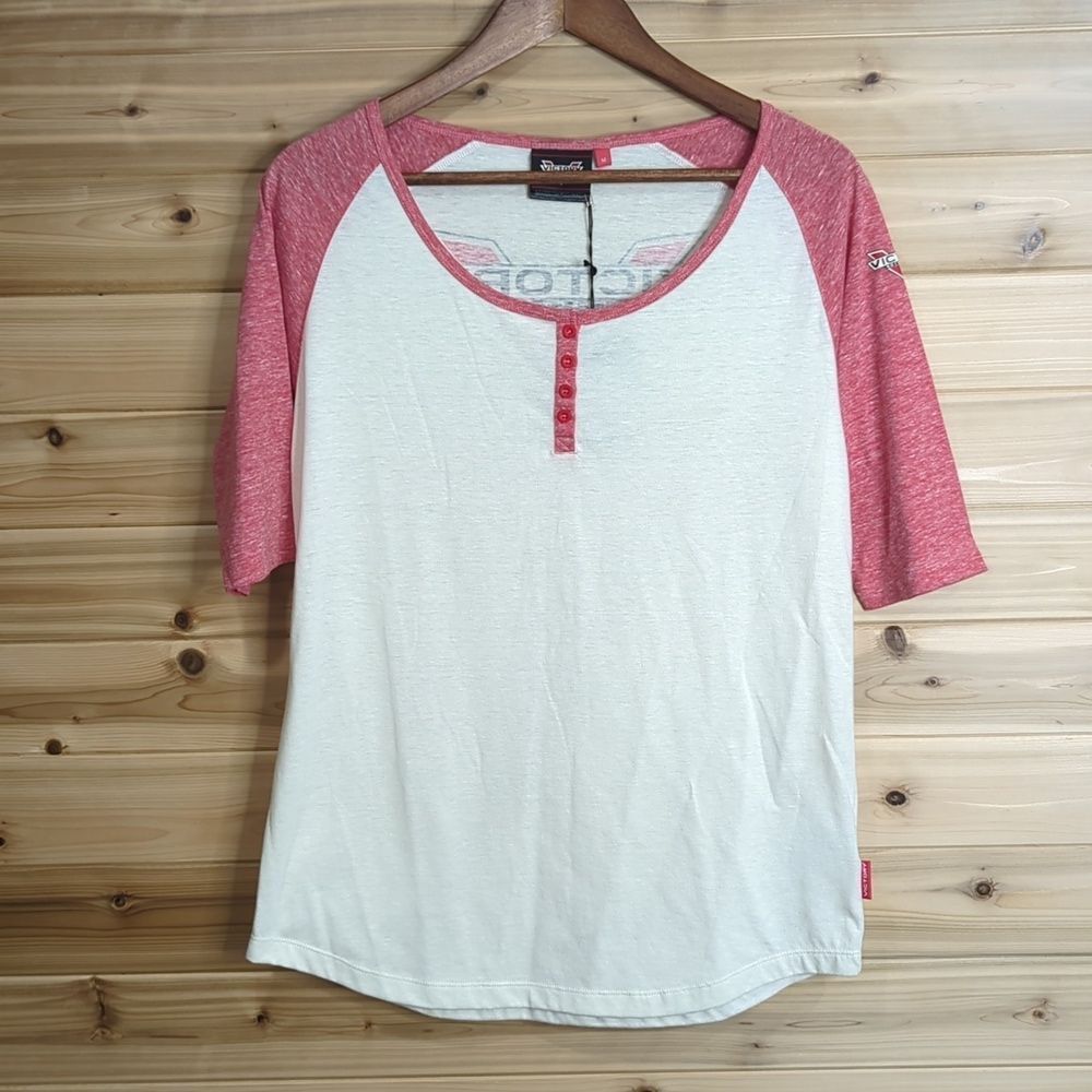 Victory Womens Top Medium White Baseball Tee 3/4 Sleeves NWT Motorcycles